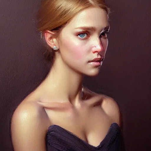 Image similar to Facial portrait of a cute girl, looking at the camera, slight awkward smile, lips slightly parted, no hands visible, elegant, intricate, extremely detailed painting by Greg Rutkowski and by Henry Justice Ford and by Steve Henderson