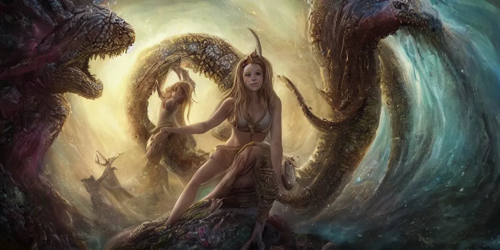 Prompt: A fantasy fairytale story style portrait painting, Great Leviathan Turtle, Mythic Island at the center of the Universe, accompanying hybrid, Cory Chase, Blake Lively, Anya_Taylor-Joy, Grace Moretz, Halle Berry, Mystical Valkyrie, Anubis-Reptilian, Atlantean Warrior, intense smoldering, soul penetrating invasive eyes. fantasy atmospheric lighting, digital painting, hyperrealistic, François Boucher, Oil Painting, Cozy, hot springs hidden Cave, candlelight, natural light, lush plants and flowers, smooth cave rock, visually crisp & clear, Volumetric Golden dappled dynamic lighting, Regal, Refined, elegant, Spectacular Rocky Mountains, bright clouds, luminous stellar sky, outer worlds, cognitive Coherence cohesion character illustration, photorealistic, Vivarium, Theophanic atmosphere, michael whelan, William-Adolphe Bouguereau, Michael Cheval, Crisp clear hd resolution, Digital Art, RPG portrait, Steampunk, hyperdetailed, artstation, cgsociety, Highly Detailed, Cinematic Lighting, HD resolution, unreal 5, DAZ, hyperreality, octane render, Unreal Engine, 8k, HD