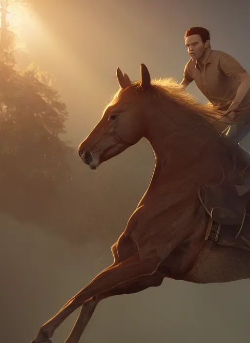 Image similar to the horse subdues the man, volumetric lighting, beautiful, golden hour, sharp focus, ultra detailed, cgsociety by leesha hannigan, ross tran, thierry doizon, kai carpenter, ignacio fernandez rios, noir photorealism, film