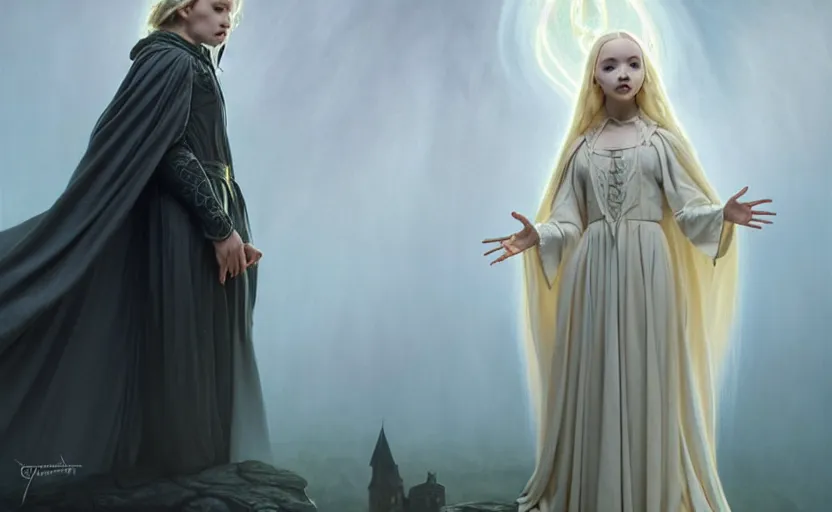 Prompt: mage conjuring at the end of time, dove cameron blonde braided hair mage wearing ivory gothic robe, misty castle, movie action still frame, wide horizon, intricate, elegant, highly detailed, hyper realistic, digital painting, concept art, smooth, sharp, focus, illustration, art by artgerm, greg rutkowski, ilya kuvshinov, alphonse mucha