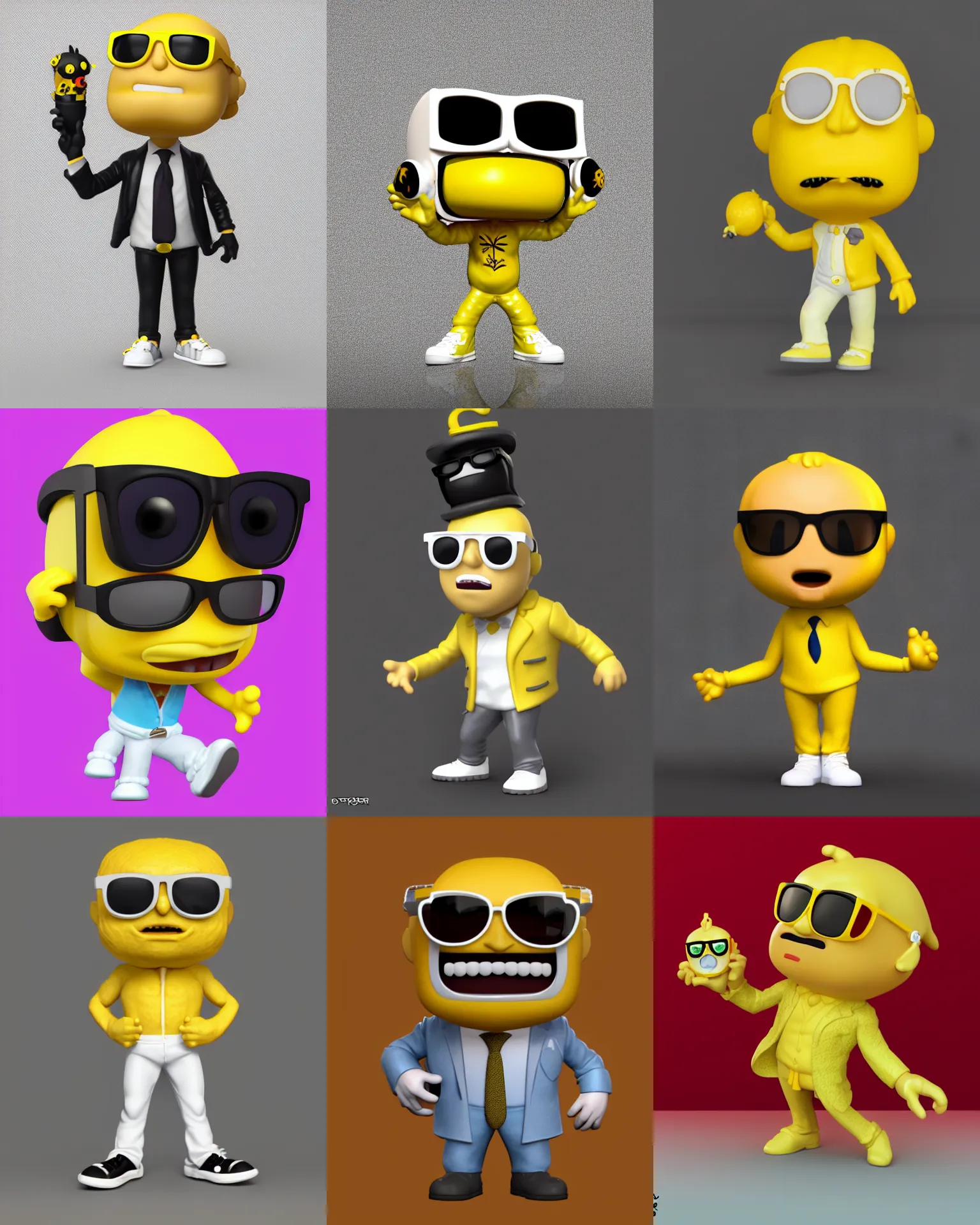 Prompt: full body 3d render of Mister Lemon dude with Sunglasses as a funko pop, Chibi, studio lighting, white background, blender, trending on artstation, 8k, highly detailed