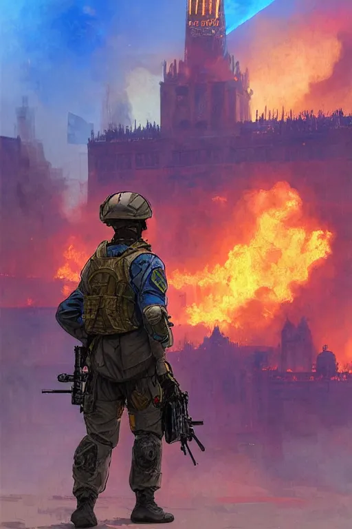 Image similar to special forces soldier with ukrainian blue and yellow patch on the foreground watching red square burn in the background, d & d, fantasy, bright atmosphere, volumetric lights, intricate, elegant, extremely detailed, digital painting, artstation, concept art, matte, smooth, sharp focus, hyper realistic, illustration, art by artgerm and greg rutkowski and alphonse mucha