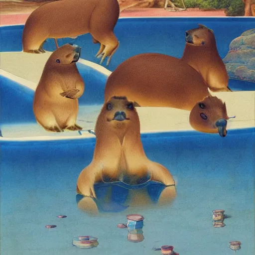 Image similar to a painting of capybaras at the japanese hot springs by thomas blackshear