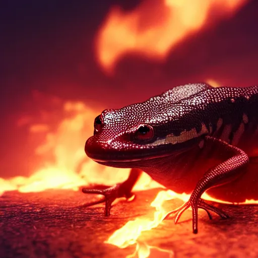 Image similar to cute salamander, fire on back, pet, mythical creature, digital art, raytraced, octane engine, high quality