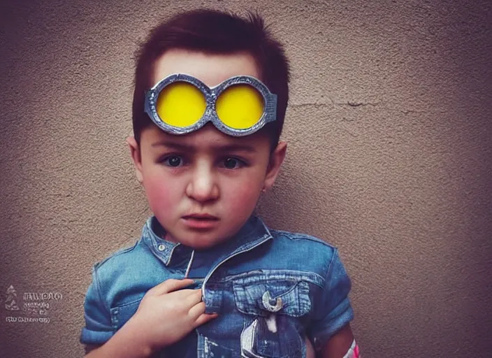 Image similar to professional fine detailed photo portrait of young minion from makhachkala, dagestan. kid minion in the postsoviet suburbia, iphone photo, instagram, color