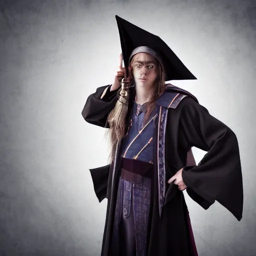 Image similar to a photorealistic male wizard teenager wearing wizard outfit, sharp focus, photograph