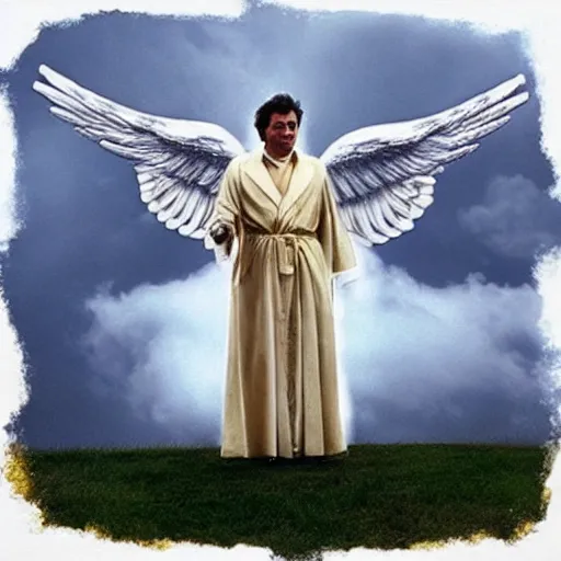 Prompt: columbo as an angel, white robes, wings, symmetrical face!!!!, round symmetrical eyes!!!, heaven!!!!!!!!, gold gates of heaven!!!!!!!!, clouds on ground!!!!!, fog!!!,, color, hdr