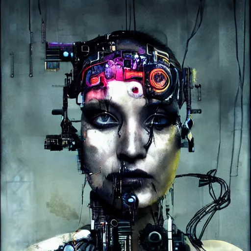 Image similar to pom klementieff as a cybernetic hunter, cyberpunk, wires, skulls, machines by emil melmoth zdzislaw belsinki craig mullins yoji shinkawa realistic render ominous detailed photo atmospheric by jeremy mann francis bacon and agnes cecile ink drips paint smears digital glitches glitchart