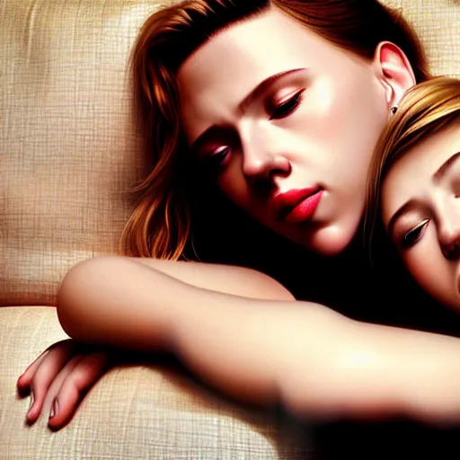 Image similar to intricate beautiful hyperreal portrait of a young scarlett johansson and young scarlett johansson, smiling softly, casual clothes, relaxing on the couch, home interior, golden hour, close up shot, 8 k, art by irakli nadar, hyperrealism, hyperdetailed, ultra realistic