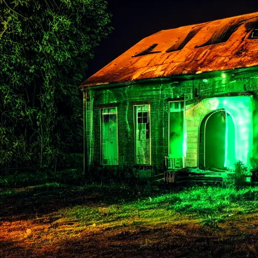 Prompt: abandoned house with green light emitting, it is night time