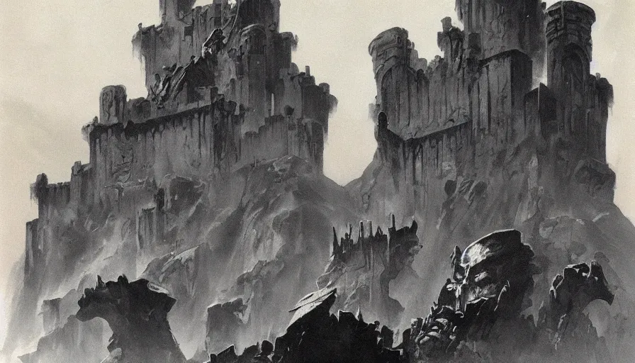 Image similar to an evil fortress, artwork by frank frazetta