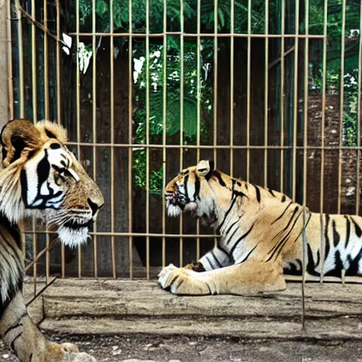 Image similar to lion and a tiger roaring in cage at the zoo