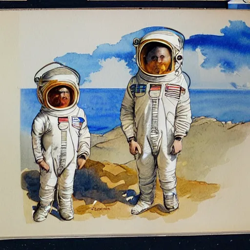 Image similar to Orville Houghton Peet and William Simpson and Jean Gautier watercolor painting sketch of a boy super scientist in a retro home made astronaut suit