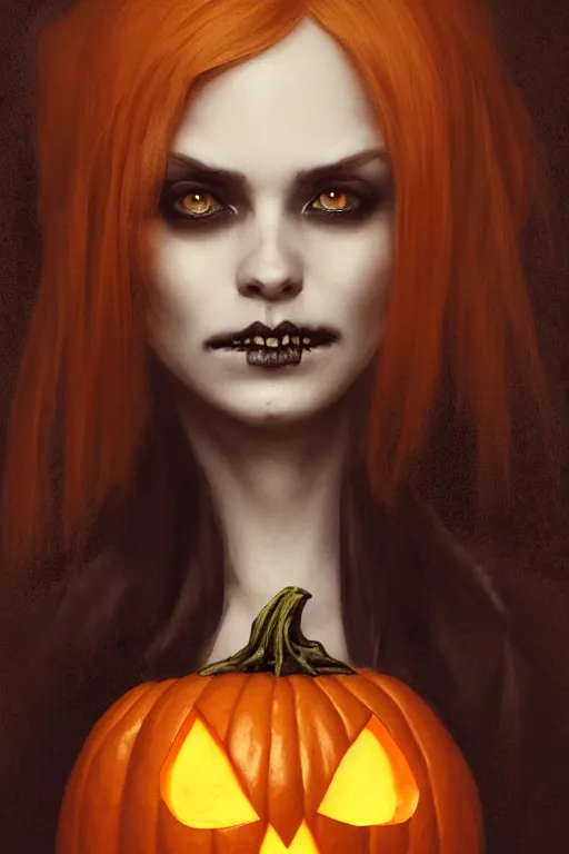 Image similar to portrait of a ghoulish victorian witch holding a jack - o - lantern, halloween night, charlie bowater, artgerm, ilya kuvshinov, krenz cushart, ruan jia, realism, ultra detailed, 8 k resolution