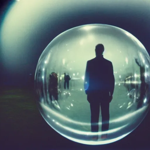 Image similar to movie still of a man inside a bubble, artsy film, beautiful composition, 3 5 mm film