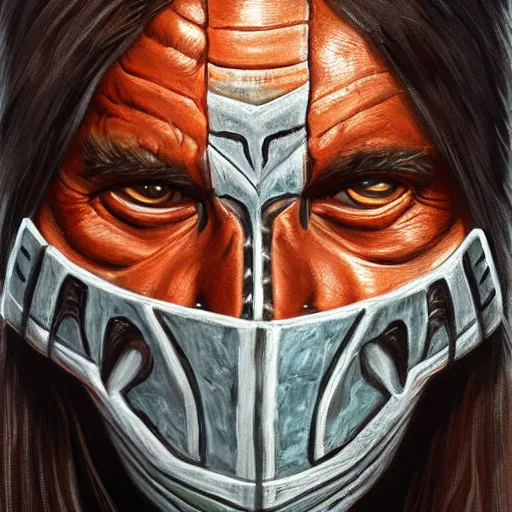 Prompt: painting portrait of a native american wearing a predator face mask, artstation, ultra detailed