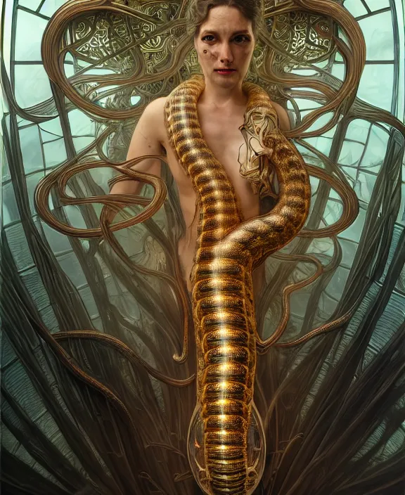 Prompt: intricate orderly opulent transparent clear see - through portrait of a scary beautiful masculine snake, fractal, mechanical, sci - fi environment, ultra realistic, concept art, art nouveau, photorealistic, octane render, 8 k, unreal engine. art by nori inoguchi and sam kaplan and zachary goulko and christopher marley and artgerm and alphonse mucha
