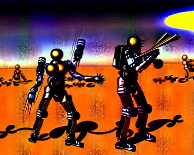 Image similar to cybernetic evil warzone bladed weapons razor projectiles humanoids goin stupid, desert scene