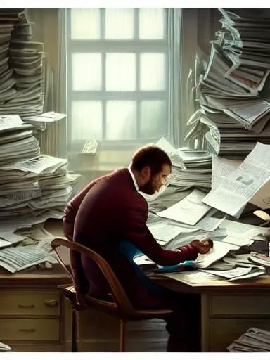 Image similar to salary man working at his desk, piles and more piles papers all over the place. intricate, elegant, highly detailed, digital painting, artstation, concept art, sharp focus, illustration, by justin gerard and artgerm, 8 k