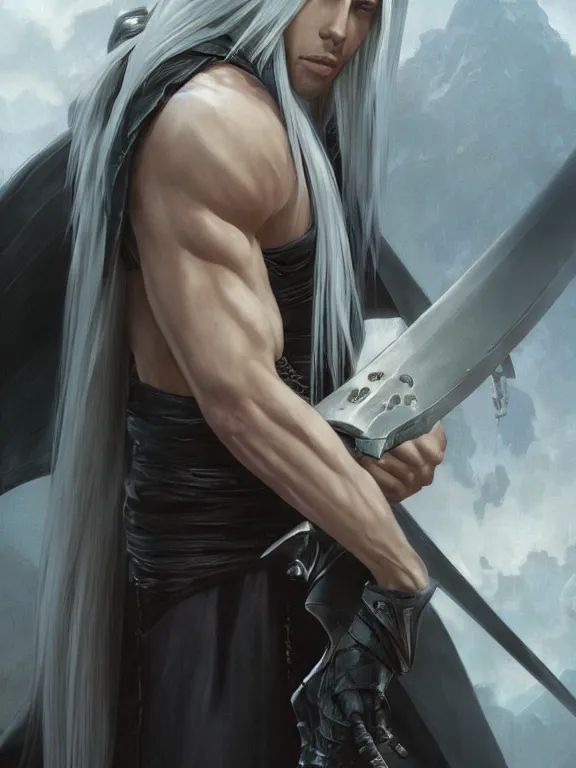 Image similar to a beautiful and detailed matte painting of sephiroth from final fantasy 7, fantasy, d & d, dark eyeliner, intricate, elegant, highly detailed, digital painting, artstation, concept art, matte, sharp focus, illustration, art by greg rutkowski and alphonse mucha