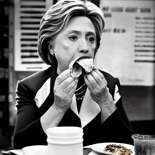 Prompt: black and white photograph of hillary clinton eating a burrito