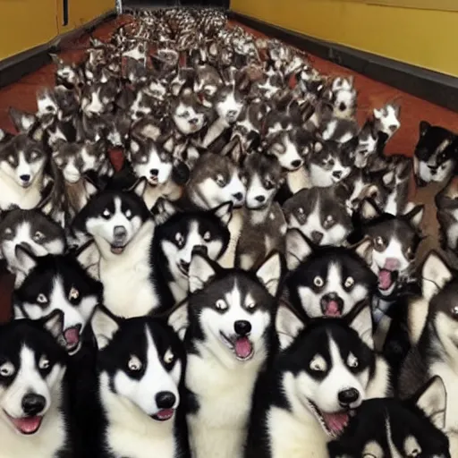 Image similar to a room filled with hundreds of huskies