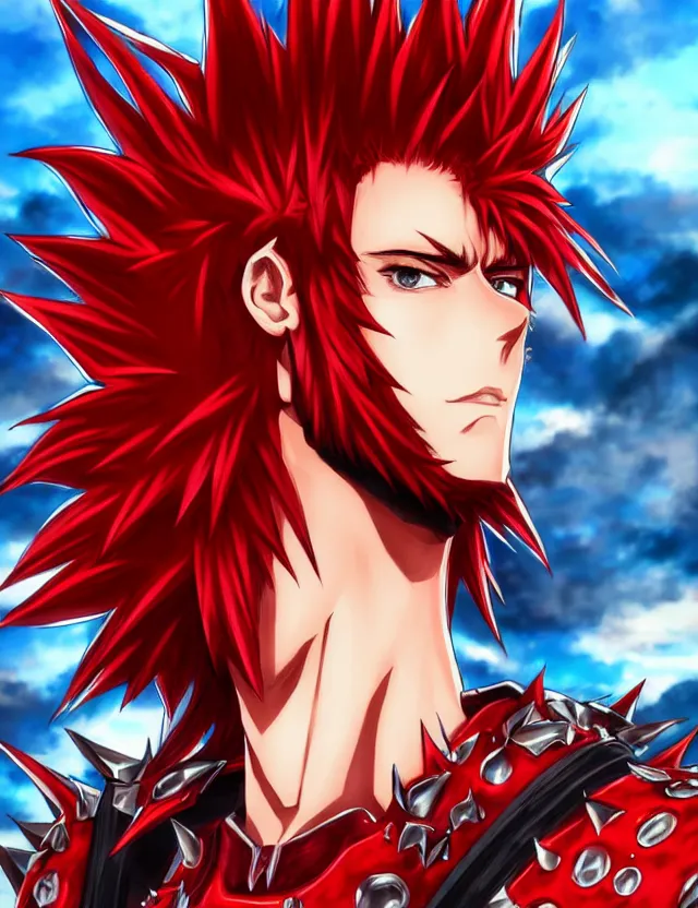 Image similar to a detailed manga portrait of a handsome tall man with spiked crimson hair in fiery crimson crystalline armour, trending on artstation, digital art, 4 k resolution, detailed, high quality, sharp focus, hq artwork, coherent, insane detail, character portrait