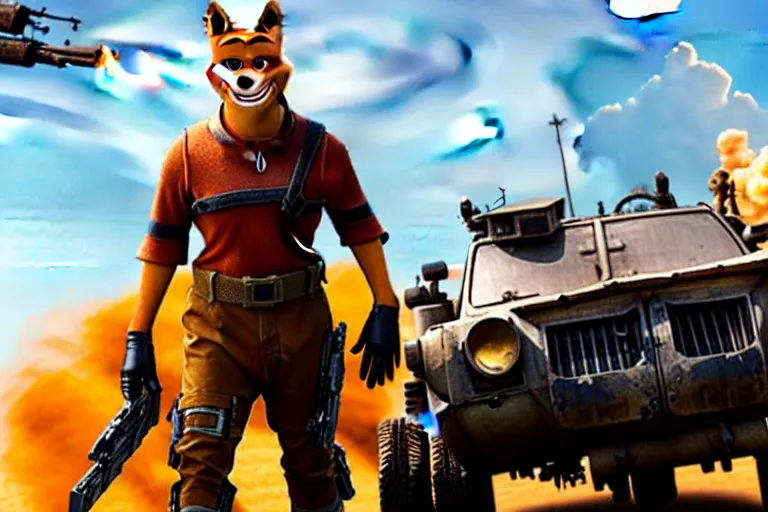 Image similar to nick wilde, heavily armed and armored facing down armageddon in a dark and gritty reboot from the makers of mad max : fury road