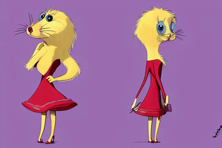 Prompt: detailed flat 2 d : ferret character : wearing diamonds : wearing a stravagant dress : wearing stiletto : head torso legs feet : lorax movie : artstation