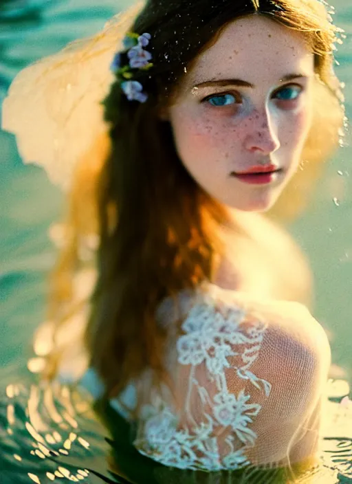 Prompt: Kodak Portra 400, 8K, soft light, volumetric lighting, highly detailed, britt marling style 3/4, portrait photography of a beautiful woman how pre-Raphaelites, half face in the water, ,a beautiful lace dress and hair are intricate with highly detailed realistic beautiful flowers , Realistic, Refined, Highly Detailed, natural outdoor soft pastel lighting colors scheme, outdoor fine art photography, Hyper realistic, photo realistic