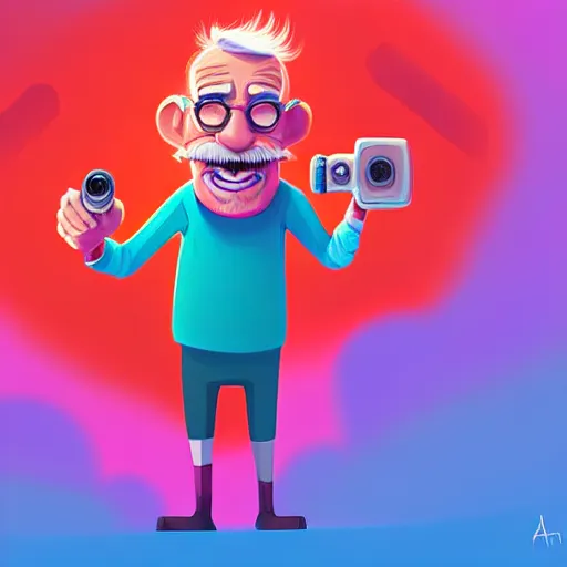 Image similar to curled perspective digital art of a cute smiling grandpa cartoon character with a photo camera by anton fadeev