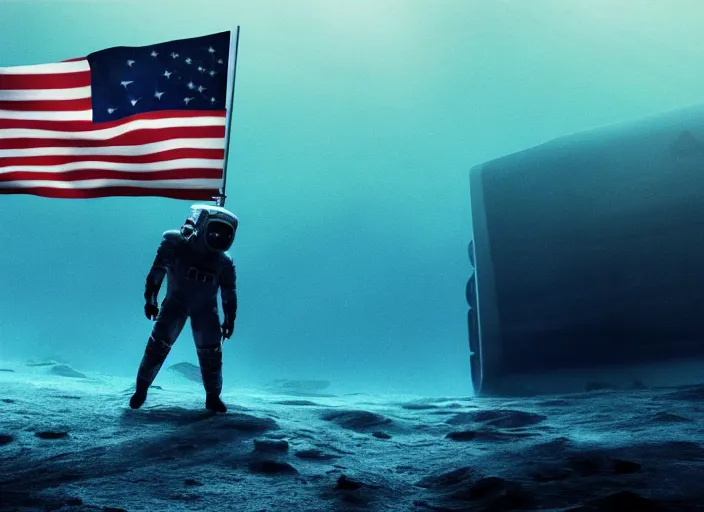 Image similar to astronaut holding a flag in an underwater desert. a submarine is visible in the distance. dark, concept art, cinematic, dramatic, atmospheric, 8 k, trending on artstation, blue, fish, low visibility, fog, ocean floor, christopher nolan, interstellar