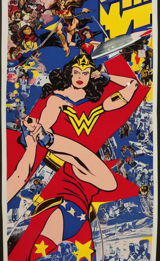 Image similar to ingrid bergman as wonder woman. poster for the film'wonder woman versus the robots '. colourful detailed painted collage. action. beautiful. powerful.