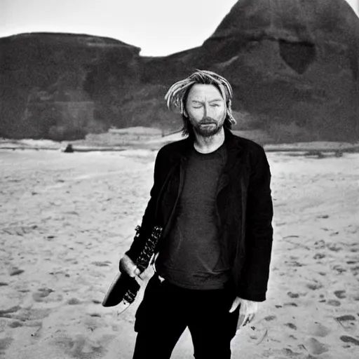 Prompt: lost Thom Yorke standing on the beach with a guitar, london burning on fire and smoke, a photo by John E. Berninger, trending on pinterest, private press, associated press photo, angelic photograph, masterpiece