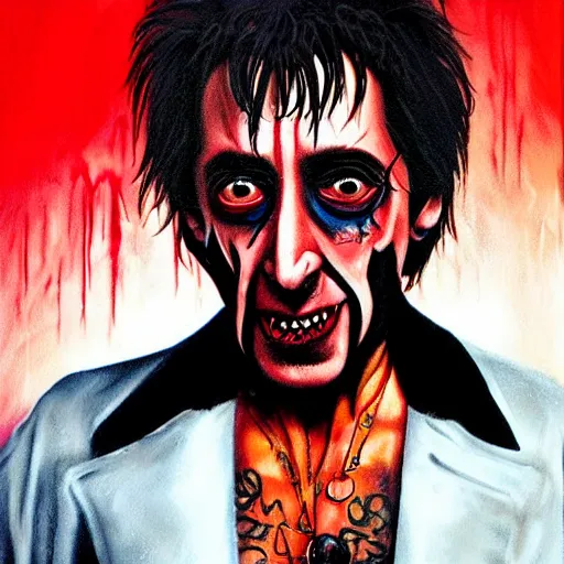 Prompt: al pacino devilish version. an unnatural abomination, red skin. black eyes, fangs. grunge, horror, dmt, dark and muted colors, detailed airbrush art, by yves klein