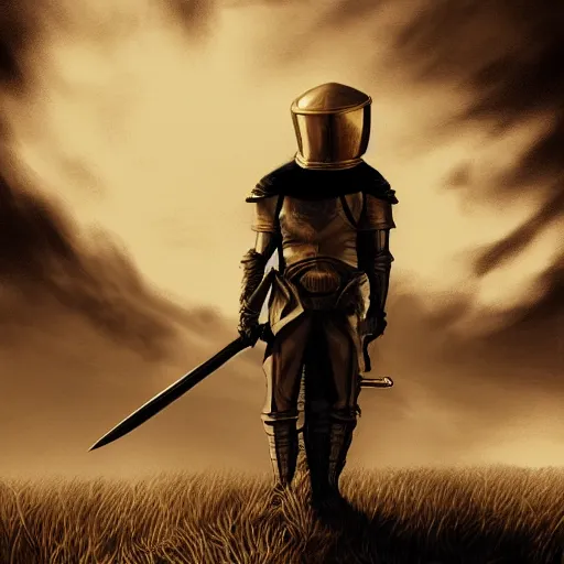 Image similar to man with sword over shoulder, digital illustration, richard kane - ferguson, clouds, helmet, shield, sepia tone, golden hour, windy, gouache, wavy, shaded face, concept art, big brush