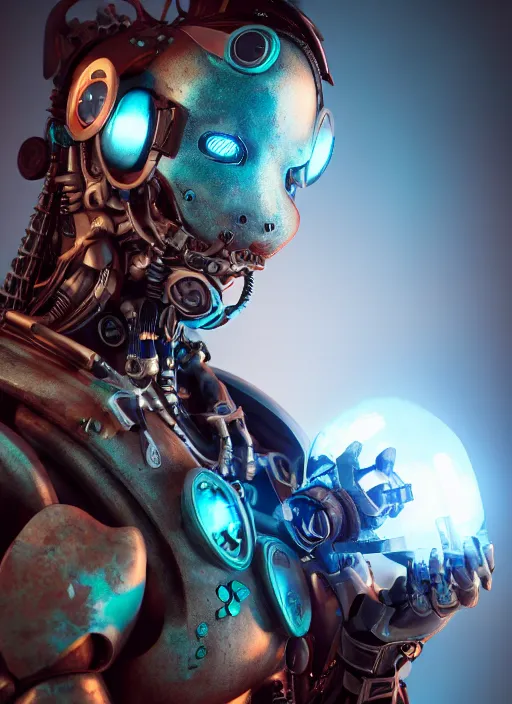 Prompt: mercenary by vitaly bulgarov, octane render, biomechanical, cyborg, blue and teal, steampunk, cyberpunk, intricate detail, backlit