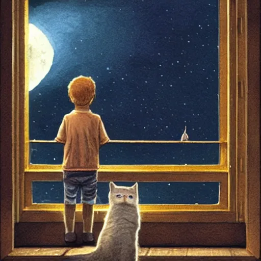 Image similar to A boy with his cat sitting in a window praying at the moon, concept art by Marc Simonetti and illustration by Maurice Sendak