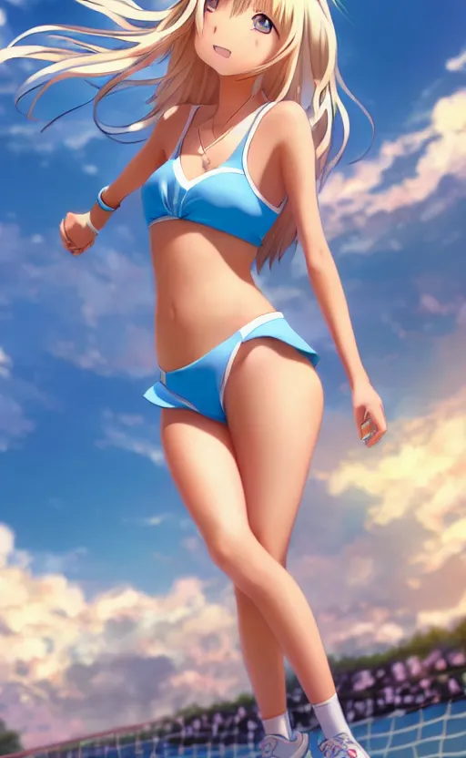 Image similar to a very beautiful young anime tennis girl, full body, long wavy blond hair, sky blue eyes, ( ( ( full round face ) ) ), short smile, bikini, miniskirt, front view, mid - shot, highly detailed, cinematic wallpaper by stanley artgerm lau
