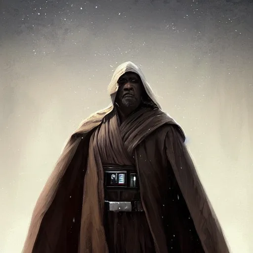 Prompt: portrait of a man by greg rutkowski, old jedi master, black, he looks like laurence fishbourne, star wars expanded universe, he is about 6 0 years old, wearing jedi robes, highly detailed portrait, digital painting, artstation, concept art, smooth, sharp foccus ilustration, artstation hq