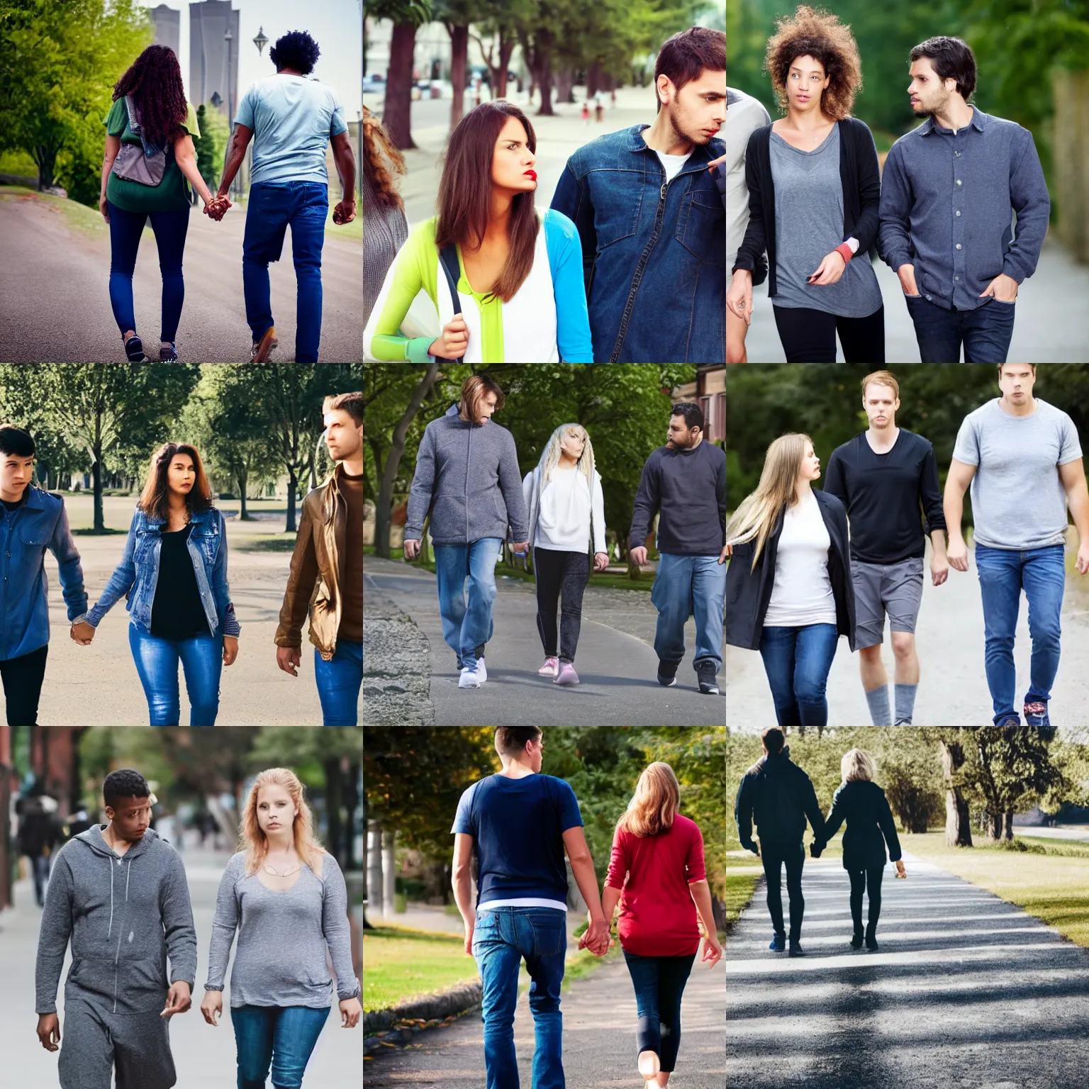 Prompt: a woman and her boyfriend walk together. the woman looks at another man and the boyfriend looks angry.