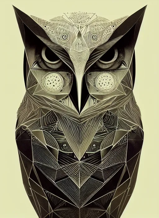 Image similar to portrait of a geometric owl, identical eyes, medium shot, illustration, full body made of white feathers, symmetrical, art stand, super detailed, cinematic lighting, and its detailed and intricate, gorgeous, by peter mohrbacher