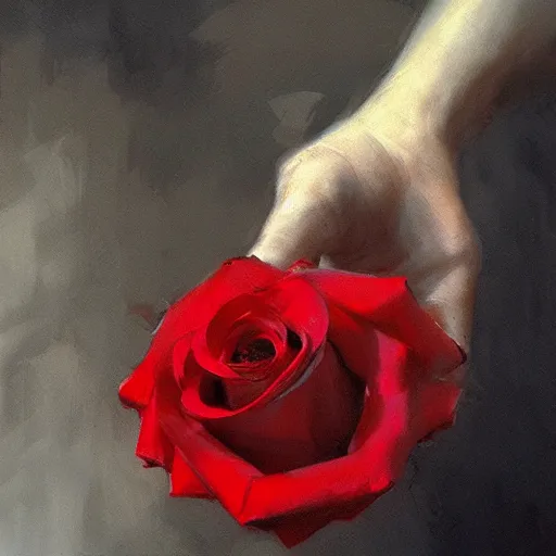 Image similar to hyperrealistic hand holding a red rose by ruan jia and greg rutkowski