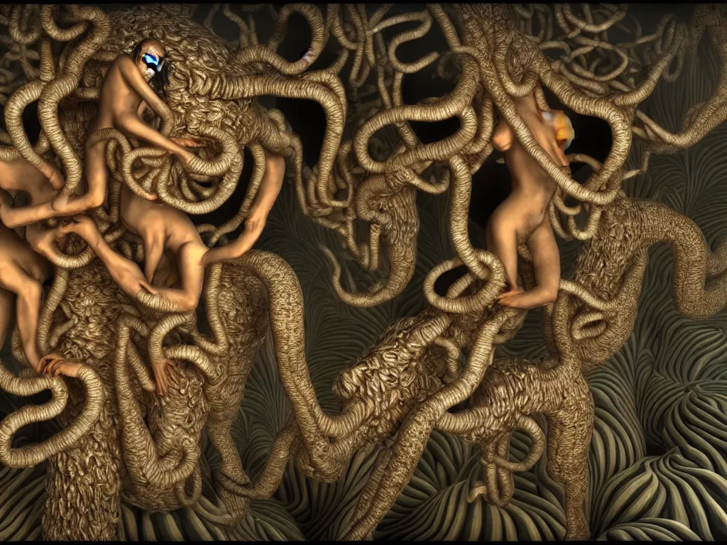 Image similar to human eating yourself ], neo surrealism, art by ernst haeckel and daniel martin diaz and mc escher, 8 k, unreal engine render