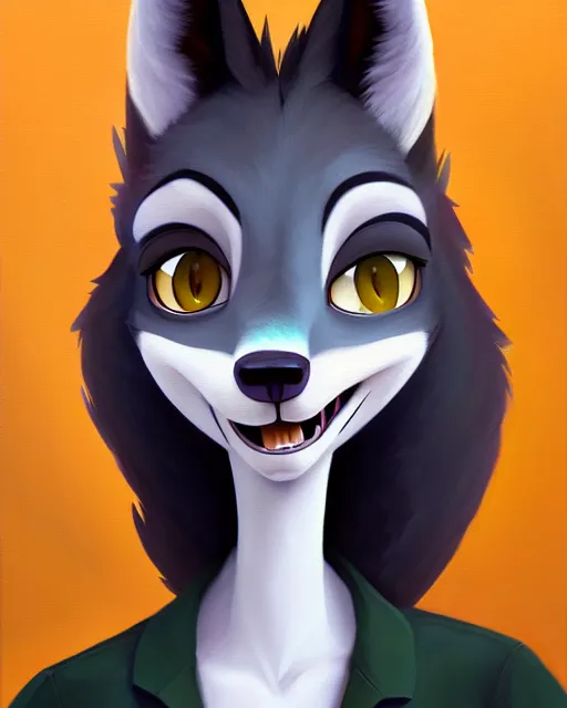 Image similar to oil painting of anthromorphic female wolf, in style of cory loftis, fursona, furry, furaffinity, 4 k, deviantart, furry art, fursona art, wearing black business suit, business suit, in style of zootopia, wolf fursona, cyberpunk, female, very very very expressive detailed feminine face,