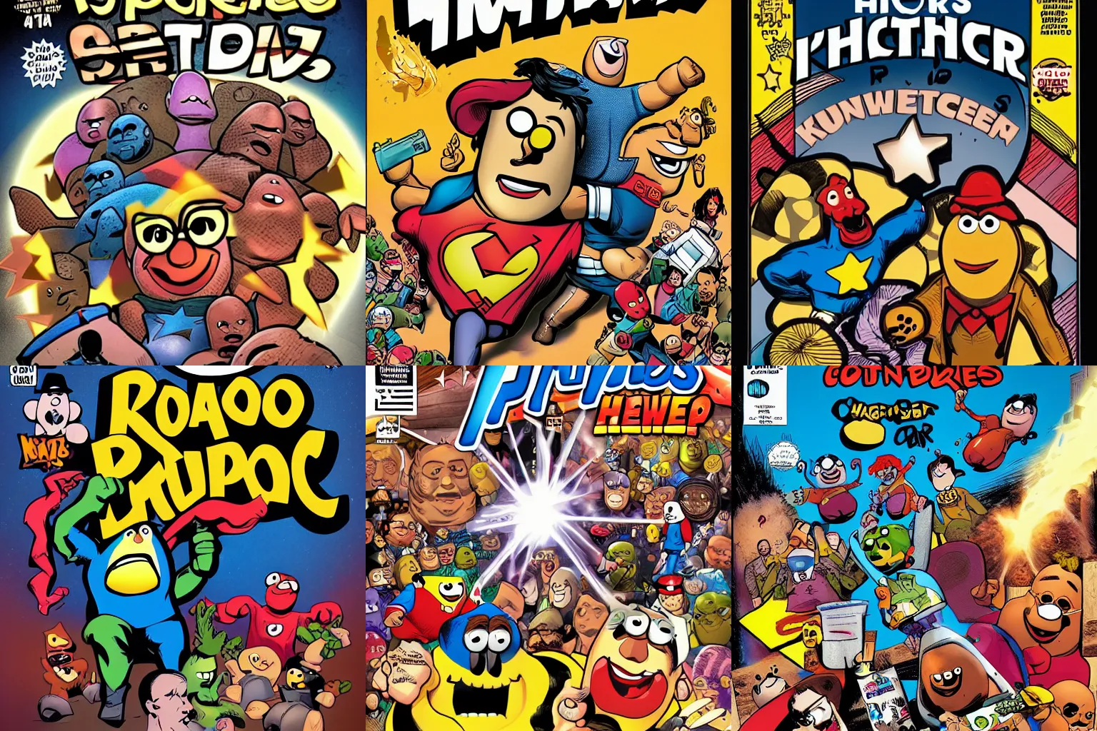 Prompt: unknown heros unite to fight mr potato head, stacked image, comic book cover