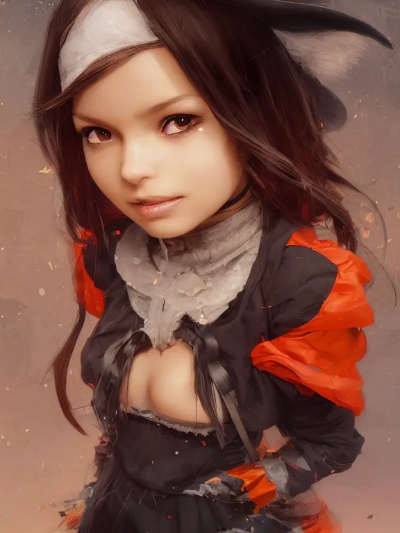 Prompt: Full shot of a cute mischievous young witch about to get up to some trouble. Latin American fashion. Black and Orange palette. Latina girl. brown skin. By Ruan Jia and Artgerm and Range Murata and WLOP. Key Art. Fantasy Illustration. award winning, Artstation, intricate details, realistic, Hyperdetailed, 8k resolution.