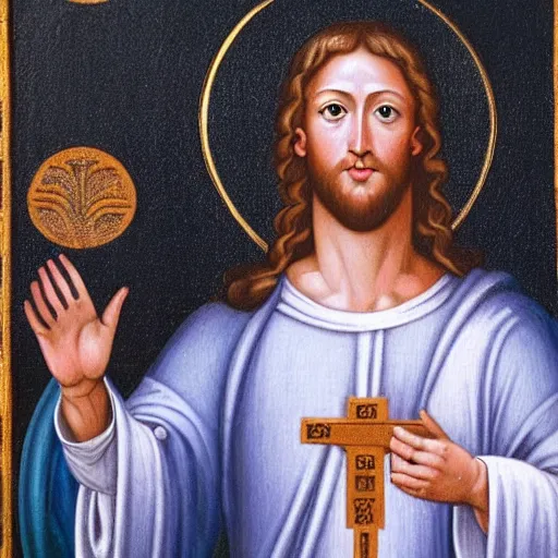 Image similar to mark zuckerberg depicted as jesus in a religious painting