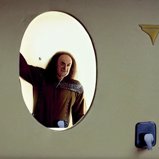 Image similar to portrait of Klingon Chancellor Gowron as he inspects a 2 inch round hole in the wall of the bathroom stall at a gas station