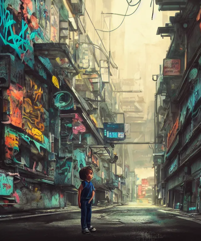 Image similar to a highly detailed contemporary painting of a tiny boy in a Jumpsuit standing in a dark alley, abandoned buildings with graffiti, a nightclub with neon sign, menacing skyline by Studio Ghibli, Makoto Shinkai, by Artgerm, by WLOP, by Greg Rutkowski, volumetric lighting, cyberpunk, octane render, 4K resolution, trending on artstation, masterpiece